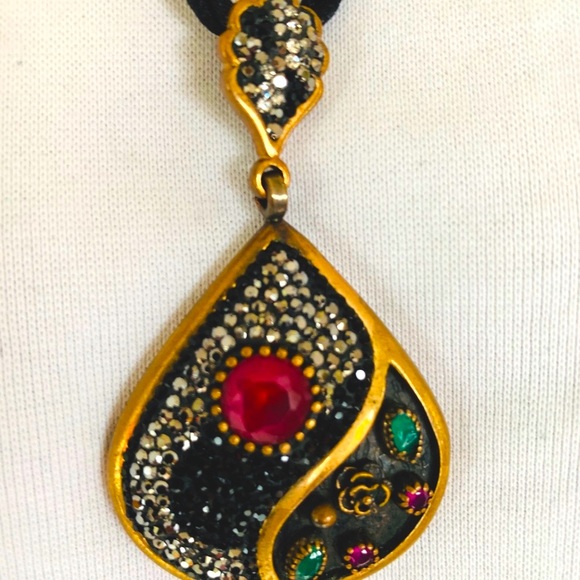 Stunning silver pendant fuchia & green semi-precious stones & shiny rhinestones - Picture 6 of 15